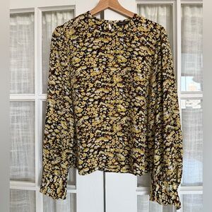 STINE GOYA Black and Yellow Floral Silk Long-Sleeve Blouse